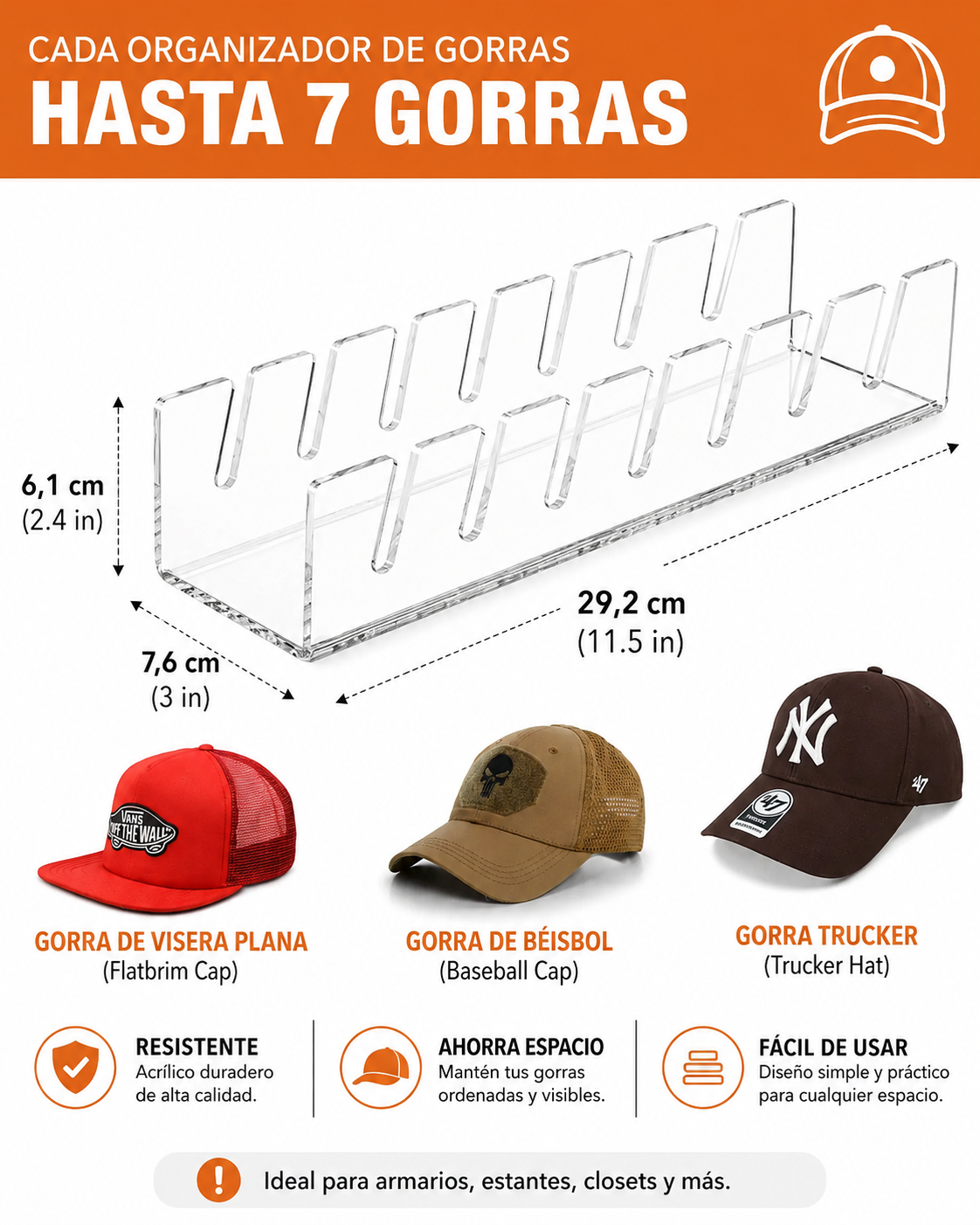 Organizador de Gorras en Acrílico de 7 Puestos