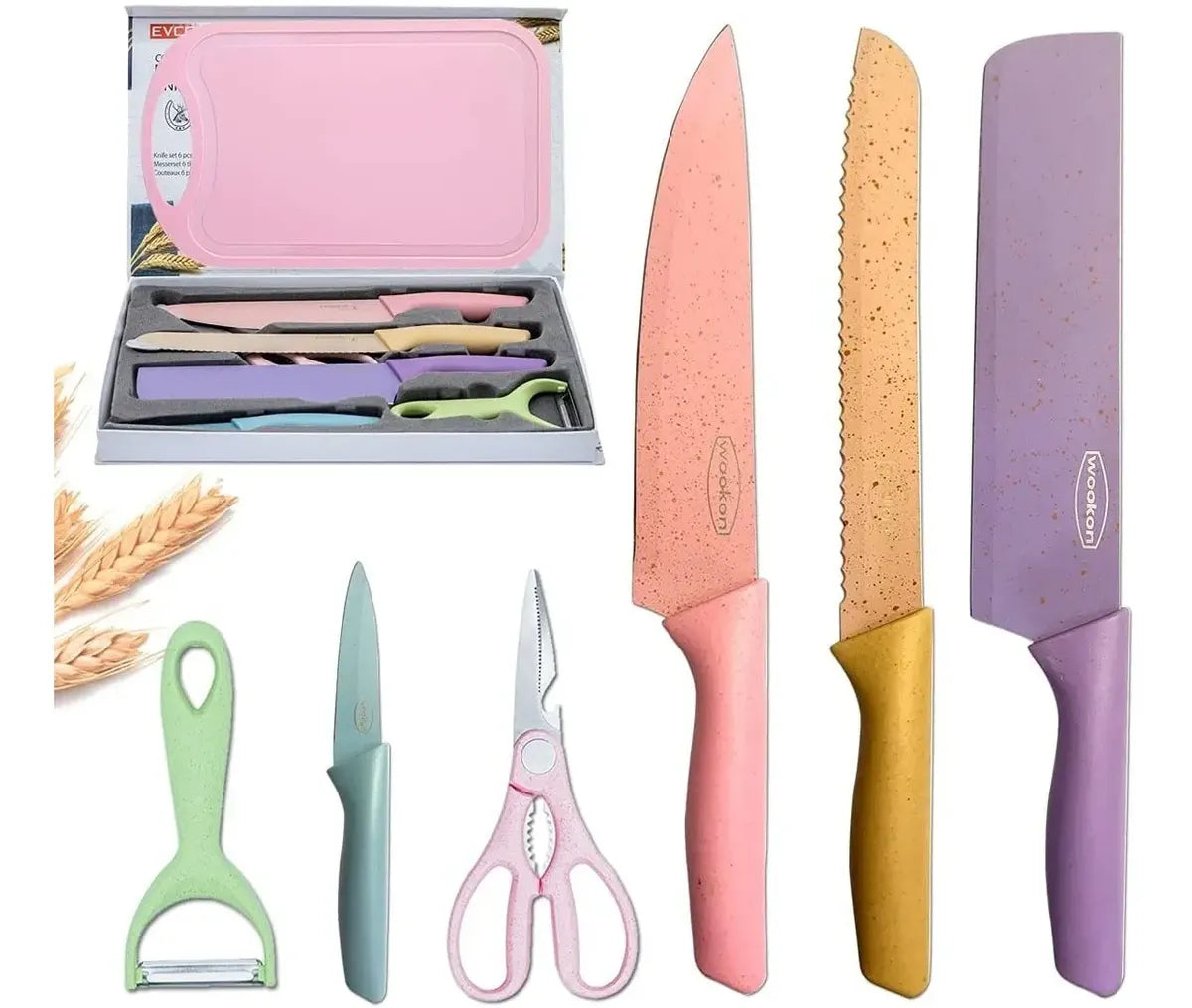 Juego Set Cuchillos Cocina X 6 Piezas + Tabla De Picar