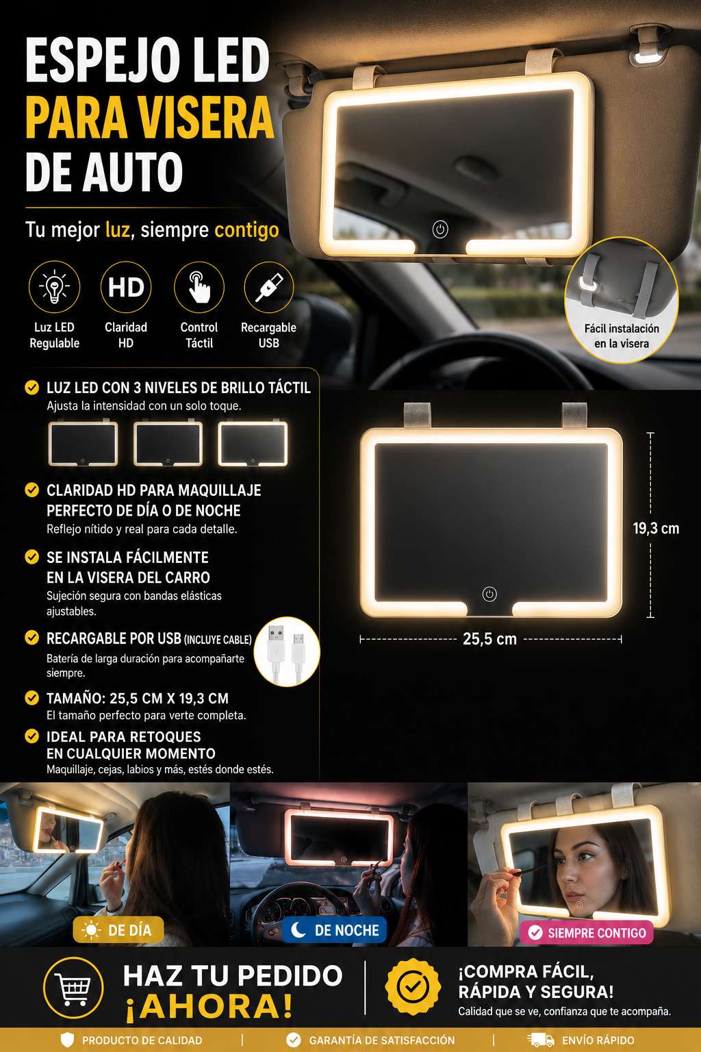 Espejo con Luz LED para Visera de Carro