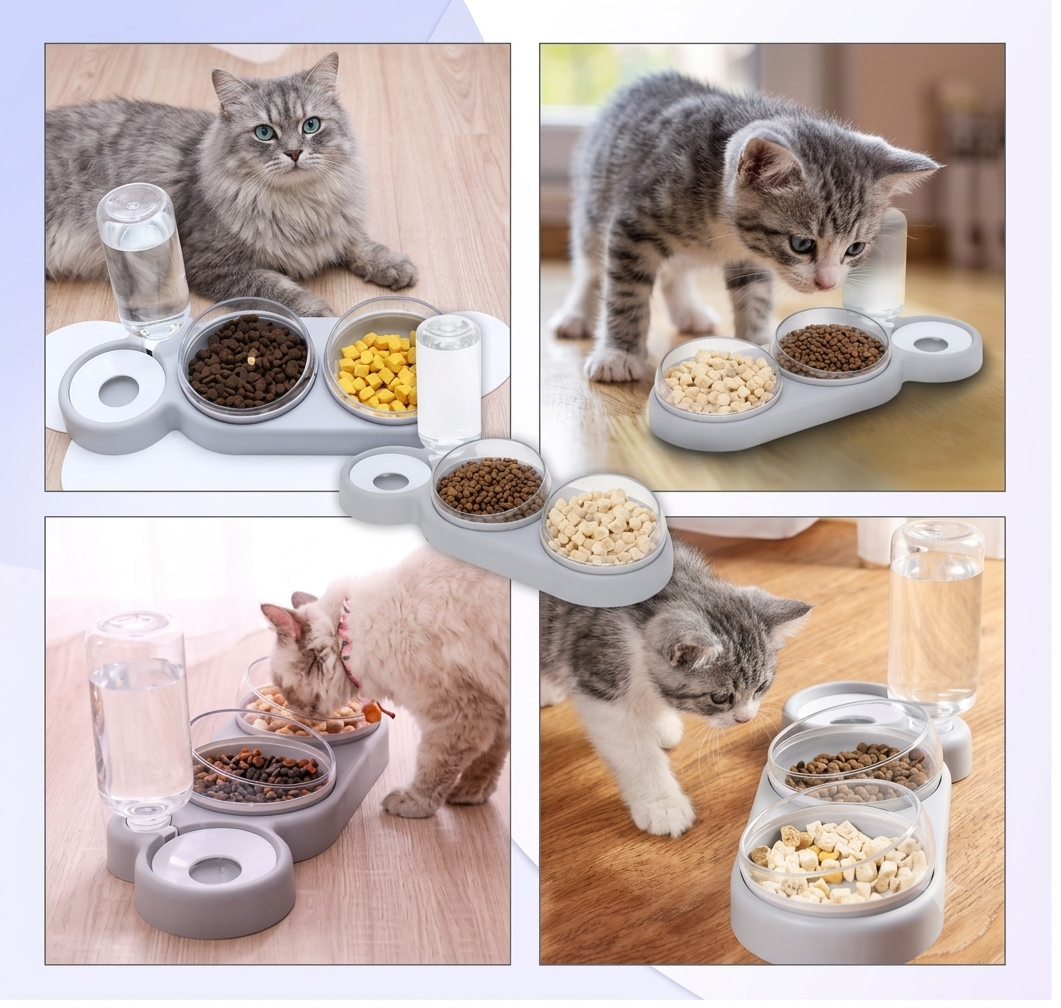 Comedero y Bebedero 3 en 1 para Gatos con Dispensador de Agua