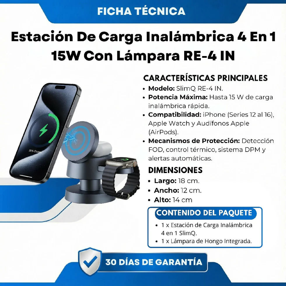 Estación de Carga Inalámbrica 4 en 1 SlimQ RE-4 con Lámpara LED